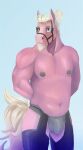 anthro belly black_chaps black_nipples blinders blonde_hair bulge chaos colored detailed_bulge equid equine eyewear fur hair hair_bun hands_behind_back hi_res horse looking_at_viewer male mammal musclegut muscular navel nipples pink_body pink_fur solo standing stufferzz tail