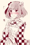  /\/\/\ 1girl apron bell blush checkered checkered_kimono clothes_writing eyebrows_visible_through_hair eyelashes frilled_apron frills hair_bell hair_ornament halftone hand_up japanese_clothes jingle_bell kaede_(mmkeyy) kimono long_sleeves monochrome motoori_kosuzu open_mouth red simple_background solo sweat touhou two_side_up undershirt upper_body wide_sleeves 