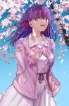  1girl blue_sky breasts cherry_blossoms falling_petals fate/stay_night fate_(series) hair_between_eyes hair_ribbon heaven's_feel highres iro_(sekaixiro) large_breasts long_hair long_sleeves looking_at_viewer matou_sakura open_clothes open_mouth outdoors petals pinky_sweater purple_eyes purple_hair red_ribbon ribbon shirt simple_background skirt sky smile solo spring_(season) takeuchi_takashi_(style) white_shirt white_skirt 