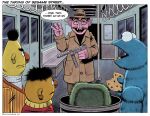 2021 4_fingers anthro bench bert_(sesame_street) big_eyes big_nose black_hair blue_body blue_fur border bottomwear brown_bottomwear brown_clothing brown_facial_hair brown_fedora brown_jacket brown_mustache brown_pants brown_topwear bruce_mccorkindale candy chocolate chocolate_chip_cookie chocolate_chips clothing coat cookie cookie_monster count_von_count counting crossover dessert dialogue door eating english_text ernie_(sesame_street) eyebrows eyewear facial_hair fangs fedora fingers food fur glasses green_body green_fur grouch group gun hair hat headgear headwear hi_res holding_gun holding_object holding_ranged_weapon holding_weapon hostage humanoid humanoid_pointy_ears inside_train intratec jacket laugh male mammal mixed_media monster muppet muppets mustache orange_body orange_clothing orange_nose orange_skin orange_sweater orange_topwear oscar_the_grouch pants parody pattern_clothing pattern_sweater pattern_topwear pbs pointy_ears pole purple_body purple_skin ranged_weapon rapid_transit sesame_street signature speech_bubble spiky_hair striped_clothing striped_sweater striped_topwear stripes submachine_gun subway sweater tec-9 teeth text the_taking_of_pelham_one_two_three thick_eyebrows title topwear train trash_can trenchcoat turtleneck unibrow vampire vehicle vest weapon white_border window yellow_body yellow_clothing yellow_skin yellow_sweater yellow_topwear