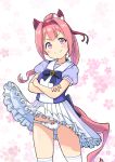  &gt;:) animal_ears ass_visible_through_thighs bangs black_bow blush bow cat_ears cat_tail closed_mouth crossed_arms eyebrows_visible_through_hair floral_background flower-shaped_pupils frilled_skirt frills hairband haru_urara_(umamusume) head_tilt high_ponytail highres legs_apart long_hair long_skirt nekota_susumu panties pantyshot pantyshot_(standing) pink_eyes pink_hair pleated_skirt puffy_short_sleeves puffy_sleeves red_hairband sailor_collar school_uniform serafuku short_sleeves skirt skirt_lift smile smug solo standing tail tareme thighhighs umamusume underwear upskirt v-shaped_eyebrows white_legwear white_panties white_sailor_collar white_skirt wind wind_lift 