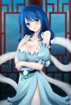  absurdres alternate_hairstyle belt blue_dress blue_eyes blue_hair blush breasts cleavage commentary_request dress hair_down head_tilt highres hisin kaku_seiga large_breasts long_hair looking_at_viewer medium_hair shawl short_sleeves side_slit solo touhou vest 