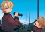  bangs binoculars black_bow blonde_hair blue_eyes bow braid churchill_(tank) commentary_request darjeeling day epaulettes eyebrows_visible_through_hair from_behind girls_und_panzer ground_vehicle hair_bow holding jacket long_sleeves looking_at_viewer looking_back matilda_(tank) military military_uniform military_vehicle motor_vehicle multiple_girls orange_hair orange_pekoe outdoors parted_lips red_jacket shiragiku1991 short_hair sky st._gloriana's_military_uniform standing tank tank_cupola telephone_pole tied_hair twin_braids uniform 