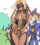  ... 1girl 2boys ? black_dress black_hair black_nails black_shirt blonde_hair blue_jacket breasts chain cleavage dark-skinned_female dark_skin dress duel_monster exodia_the_forbidden_one genderswap genderswap_(mtf) green_hair green_jacket highres insector_haga jacket long_hair medium_hair millennium_puzzle multicolored_hair multiple_boys muto_yugi nail_polish purple_eyes purple_hair shirt speech_bubble spiked_hair strapless strapless_dress surprised very_long_hair yu-gi-oh! yu-gi-oh!_duel_monsters zackpyo 