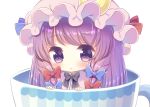  :&lt; black_bow black_neckwear blue_bow bow bowtie chibi closed_mouth crescent crescent_moon_pin cup eyebrows_visible_through_hair eyelashes hair_bow hat in_container in_cup kagome_f long_hair looking_at_viewer low-tied_long_hair minigirl mob_cap patchouli_knowledge pink_hat purple_eyes purple_hair red_bow shiny shiny_hair simple_background solo tareme teacup touhou upper_body very_long_hair white_background 
