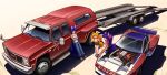  3girls animal_ear_fluff animal_ears blue_pants bow breasts car cleavage denim engine english_commentary flip-flops gmc_(automobile) gmc_sierra highres jeans long_hair medium_breasts motor_vehicle multiple_girls nissan nissan_300zx nissan_300zx_(z31) nissan_fairlady_z onlyarandomuser orange_eyes orange_hair original pants ponytail purple_hair race_vehicle racecar red_bow red_car red_shoes red_tank_top sandals shadow shoes sneakers sports_utility_vehicle tail tank_top vehicle_focus very_long_hair white_sandals white_tank_top 