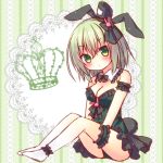  animal_ears ankle_cuffs bad_id bad_pixiv_id bangs bare_shoulders barefoot between_legs black_bow black_hat black_leotard blush bow breasts bunny_ears bunny_hair_ornament cleavage closed_mouth collar detached_collar doily eyebrows_visible_through_hair frilled_collar frills ghost_tail green_eyes green_hair hair_between_eyes hair_bow hair_ornament hand_between_legs hat head_tilt highres himetsuki_luna leg_garter leotard long_hair looking_at_viewer medium_breasts sitting soga_no_tojiko solo strapless strapless_leotard tate_eboshi touhou white_collar 