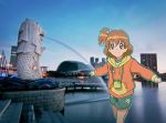  1girl brown_eyes brown_hair city closed_mouth female fresh_precure! hair_ornament hood horizon looking_at_viewer night one_side_up precure scan short_hair skirt sky smile solo sweater yamabuki_inori 