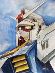  arata_(arata333333) armor artist_name blue_armor commentary fake_horns gundam helmet highres horned_helmet horns mecha mecha_focus mobile_suit mobile_suit_gundam multicolored_armor no_humans portrait robot rx-78-2_gundam science_fiction solo v-fin white_armor yellow_eyes 