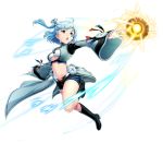  black_shorts blue_eyes blue_hair breasts electricity full_body hakka_(88hk88) looking_to_the_side magneton medium_hair navel open_mouth outstretched_arms personification pokemon running screw short_shorts shorts small_breasts wide_sleeves 