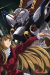  1990s_(style) 1girl absurdres blonde_hair blue_eyes commentary_request copyright_name gundam gundam_wing highres long_hair long_sleeves mecha mobile_suit open_mouth red_suit relena_peacecraft retro_artstyle robot science_fiction sind_ngmhn28 skirt suit v-fin wing_gundam 