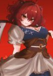  1girl :3 blue_dress blush breasts cleavage closed_mouth coin commentary dress gradient_background hair_bobbles hair_intakes hair_ornament kharuhi9637 looking_at_viewer obi onozuka_komachi red_background red_eyes red_hair sash scythe short_hair short_sleeves solo touhou two_side_up 