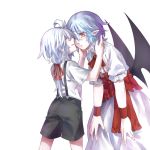  ahoge bat_wings black_shorts black_wings blue_hair blush brooch buttons closed_mouth commentary dress frilled_sleeves frills izayoi_sakuya jewelry long_hair multiple_girls one_eye_closed pointy_ears puffy_short_sleeves puffy_sleeves red_eyes red_neckwear remilia_scarlet shirt short_hair short_sleeves shorts shouzuo smile standing suspenders touhou white_background white_dress white_shirt wings younger 