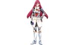  1girl anime_coloring armor breasts character_request full_armor full_body green_eyes hair_between_eyes hand_on_own_hip highres long_hair long_hair_between_eyes looking_at_viewer medium_breasts official_art red_hair rerebrace shangri-la_frontier solo standing transparent_background 