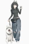  1girl animal_ears belt_buckle black_jacket buckle closed_mouth commentary cup denim disposable_cup dog dog_ears dot_mouth dot_nose full_body highres holding holding_cup holding_leash jacket jeans leash looking_at_viewer midriff_peek original pants pouch shoes simple_background solo symbol-only_commentary takaya_riku torn_clothes torn_jeans torn_pants white_background white_shoes 