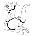  ambiguous_gender butt claws digimon dragon drjavi feet guilmon looking_at_viewer looking_back open_mouth reptile scalie simple_background 