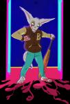  anthro baseball_bat blood blood_on_face blood_on_hand clothed clothing cosplay footwear fully_clothed fur grey_fur gutsout_(artist) hi_res holding_object hotline_miami jacket jacket_(hotline_miami) letterman_jacket long_ears male meepo_the_geomancer pants shoes solo standing traditional_media_(artwork) 