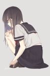  artist_name bangs black_hair black_skirt booota brown_eyes brown_hair closed_mouth commentary_request from_side grey_background highres knees_up loafers long_hair original pleated_skirt profile school_uniform serafuku shoes short_sleeves simple_background skirt solo squatting 