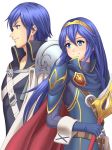  1boy 1girl blue_hair cape father_and_daughter fingerless_gloves fire_emblem fire_emblem:_kakusei gloves holding holding_sword holding_weapon krom long_hair lucina nintendo pauldrons rere_(yusuke) smile sword weapon 