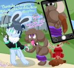  anthro anus backsack balls biped bored bottomless bottomwear bottomwear_down breath brown_body brown_fur butt canid canine casual_exposure cellphone city_skyline clothed clothing collar cross-eyed crouching dialogue digital_media_(artwork) directional_arrow duo electronics fairyfudge feces feces_pile fire_hydrant floppy_ears foreskin fur genitals glans green_eyes half-erect hand_holding heart_symbol humanoid_genitalia humanoid_penis jacket jacket_only lagomorph leporid looking_pleasured male mammal note_(mintytempest) outside pants pants_down partially_clothed penis phone phone_camera phone_screen plant pooping pooping_on_fire_hydrant pooping_on_floor public_pooping purple_eyes rabbit raised_tail rear_view signature smartphone sound_effects tail toffee_(mintytempest) tongue tongue_out topwear topwear_only tree 