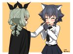  anchovy animal_ears anzio_school_uniform artist_name bangs belt black_belt black_cape black_hair black_neckwear black_skirt braid cape cat_ears closed_eyes closed_mouth commentary dress_shirt drill_hair eating emblem eyebrows_visible_through_hair feeding food girls_und_panzer gloves green_hair holding holding_food jitome kemonomimi_mode long_hair long_sleeves looking_at_another miniskirt multiple_girls necktie open_mouth pantyhose paw_gloves paws pepperoni_(girls_und_panzer) pleated_skirt red_eyes ruka_(piyopiyopu) school_uniform shirt short_hair side_braid skirt smile standing sweatdrop twin_drills twintails twitter_username upper_body v-shaped_eyebrows white_legwear white_shirt wing_collar 