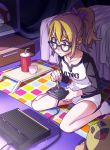  2016 anachronism atari atari_2600 bed bedroom blonde_hair blue_eyes cable commentary commission concentrating controller cup dark dated doll english_commentary eudetenis game_console game_controller glasses highres indoors mario_(series) mushroom original otaku otaku_room pac-man pac-man_(game) playing_games ponytail screen_light serious signature sitting super_mario_bros. sweat switch tron wariza watching_television 