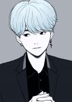  blue_hair bts cross dark_eyes earrings k-pop male male_focus piercing solo 