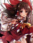  :d blush bow brown_hair chromatic_aberration commentary_request detached_sleeves eyebrows_visible_through_hair frilled_shirt_collar frilled_skirt frilled_sleeves frills gohei hair_bow hair_tubes hakurei_reimu long_hair long_sleeves looking_at_viewer nontraditional_miko open_mouth red_bow red_eyes red_shirt red_skirt shirt skirt skirt_set sleeveless sleeveless_shirt smile solo touhou uguisu_mochi_(ykss35) very_long_hair wide_sleeves 