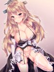  abyss_horizon bangs black_skirt blonde_hair blue_eyes blush breasts cleavage collarbone commentary_request corset cross-laced_clothes elbow_gloves eyebrows_visible_through_hair fukuda_shuushi garter_belt garter_straps gloves highres hips lace lace-trimmed_thighhighs large_breasts leg_up long_hair looking_at_viewer navel panties skirt smile solo strap_pull thighhighs thighs underwear warspite_(abyss_horizon) white_gloves white_legwear 