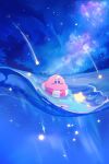  1boy amedama_(akaki_4207) blue_theme blush_stickers colored_skin commentary highres innertube kirby kirby_(series) light_rays milky_way night night_sky no_humans ocean open_mouth partially_underwater_shot pink_skin shooting_star sky solo sparkle star_(sky) star_(symbol) starry_sky striped_innertube swim_ring symbol-only_commentary water waves 
