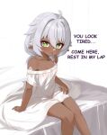  1girl :d ahoge alternate_costume bare_shoulders blssh breasts collarbone commentary dark-skinned_female dark_skin dress english_commentary english_text fang genshin_impact green_eyes hair_between_eyes highres iansan_(genshin_impact) jewelry lap_pillow_invitation long_hair looking_at_viewer mockingeu off-shoulder_dress off_shoulder pointy_ears ring sitting small_breasts smile solo white_dress white_hair 