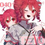  2girls 9393tomato ahoge black_shirt black_sleeve_cuffs black_sleeves blush bow buttons closed_mouth detached_horns detached_sleeves double-breasted double-parted_bangs drill_hair dual_persona grey_jacket hair_between_eyes hair_bow hair_ribbon highres jacket kasane_teto kasane_teto_(sv) kasane_teto_(utau) layered_sleeves long_sleeves looking_at_viewer multiple_girls musical_staff musical_staff_print one_eye_closed open_mouth red_eyes red_hair ribbon shirt shoulder_belt shoulder_boards simple_background sleeveless sleeveless_shirt smile striped_clothes striped_jacket synthesizer_v teeth twin_drills upper_teeth_only utau white_background white_bow white_ribbon 