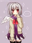  1girl bad_id bad_pixiv_id bangs black_legwear blush bow brown_background brown_jacket closed_mouth dress eyebrows_visible_through_hair feathered_wings grey_hair hair_between_eyes hand_up highres himetsuki_luna jacket kishin_sagume long_sleeves open_clothes open_jacket purple_dress red_bow red_eyes simple_background single_wing sleeves_past_wrists solo sparkle spoken_ellipsis sweat thighhighs touhou twitter_username white_wings wings 