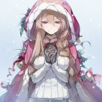  alternate_costume alternate_hairstyle bangs bell belt blush braid breasts brown_hair buckle candy candy_cane christmas christmas_ornaments coat commentary_request eyebrows_visible_through_hair food fur-trimmed_coat fur_trim girls_frontline gloves green_eyes hair_between_eyes hair_over_shoulder half-closed_eyes hands_together hood hood_up hooded_coat large_breasts long_hair long_sleeves looking_at_viewer looking_down m1903_springfield_(girls_frontline) red_coat ribbed_sweater shuzi sidelocks simple_background smile snow snowing solo sweat sweater upper_body very_long_hair white_sweater 