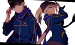  1bot 1girl ahoge baseball_cap blonde_hair blue_eyes blue_jacket blue_scarf fate_series hat jacket mysterious_heroine_x scarf shorts sword weapon 