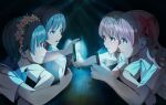  4girls absurdres black_hair blue_eyes blue_sailor_collar bow brown_eyes brown_hair commentary_request hair_bow head_wreath highres holding holding_phone long_hair looking_at_another lying misaka_mikoto multiple_girls on_floor on_stomach pension_z phone phone_flashlight red_bow sailor_collar sakugawa_school_uniform saten_ruiko school_uniform serafuku shirai_kuroko shirt short_hair toaru_kagaku_no_railgun toaru_majutsu_no_index tokiwadai_school_uniform twintails uiharu_kazari white_shirt 