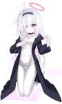  1girl black_choker black_coat black_eyes black_hairband blue_archive blue_pupils blush braid breasts choker coat colored_inner_hair commentary_request covered_navel hair_ornament hair_over_one_eye hairband halo highres langley1000 long_hair long_sleeves looking_at_viewer md5_mismatch mismatched_pupils multicolored_hair old_school_swimsuit one-piece_swimsuit pantyhose pantyhose_under_swimsuit pink_hair plana_(blue_archive) red_halo red_pupils revision ribbon school_swimsuit school_swimsuit_flap single_braid small_breasts solo swimsuit white_hair white_one-piece_swimsuit white_pantyhose white_ribbon 