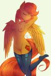  2017 anthro areola breasts choker clothing cutie_mark equine eyebrows eyelashes eyes_closed fan_character feathered_wings feathers female hair hands_behind_head kairaanix legwear mammal mostly_nude my_little_pony navel nipples orange_hair pegasus portrait pose pussy raised_leg simple_background smile solo standing stockings thigh_highs three-quarter_portrait white_background wings yellow_feathers 