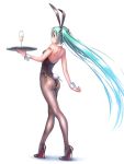  alcohol alternate_costume animal_ears aqua_eyes aqua_hair aqua_nails arched_back ass back-seamed_legwear bare_shoulders black_footwear black_hairband black_legwear black_leotard black_ribbon blue_hair blush bunny_ears bunny_tail bunnysuit champagne champagne_flute closed_mouth cup drinking_glass fake_animal_ears fake_tail fingernails from_behind gradient_hair hairband hatsune_miku high_heels holding holding_tray leotard long_hair looking_back multicolored_hair nail_polish number_tattoo pantyhose profile ribbon seamed_legwear shiny shiny_hair shoulder_blades shoulder_tattoo side-tie_leotard simple_background smile solo strapless strapless_leotard tail tareme tattoo tray very_long_hair vocaloid white_background wokada wrist_cuffs 