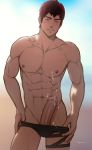  1boy abs bara blush cum erection final_fantasy hydaria male_focus muscle nipples penis red_hair smile solo undressing 