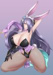  animal_ears armpits arms_up black_gloves bluespice breasts bunny_ears bunny_girl bunny_tail camilla_(fire_emblem_if) collarbone fire_emblem fire_emblem_heroes fire_emblem_if gloves hair_over_one_eye highres huge_breasts kneeling long_hair pantyhose purple_eyes purple_hair scarf smile tail thighs 