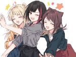  3girls :d ;d ^_^ bang_dream! black_hair black_skirt blonde_hair blue_dress blue_jacket bob_cut brown_hair bullfalk closed_eyes commentary_request cone_hair_bun cowboy_shot diagonal_bangs double_bun dress grey_shirt hair_bun hair_ears hair_ornament jacket kishimen_hair long_hair long_sleeves medium_hair mitake_ran multicolored_hair multiple_girls one_eye_closed open_clothes open_jacket orange_shirt outstretched_arms pinafore_dress pink_eyes protected_link red_hair red_skirt shirt short_hair sidelocks skirt sleeveless sleeveless_dress smile star_(symbol) star_hair_ornament streaked_hair swept_bangs three-quarter_sleeves toyama_kasumi tsurumaki_kokoro v-shaped_eyebrows white_shirt 