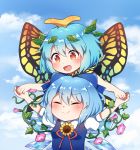  :&gt; :d antennae behind_another blue_bow blue_hair blue_sky blush bow breasts butterfly_wings caramell0501 cirno closed_eyes cloud day eternity_larva eyebrows_visible_through_hair flower hair_between_eyes hair_bow holding_hands leaf leaf_on_head looking_at_another looking_down morning_glory multiple_girls open_mouth outdoors outstretched_arms puffy_short_sleeves puffy_sleeves red_eyes red_ribbon ribbon short_hair short_sleeves sky small_breasts smile spread_arms sunflower touhou upper_body wings yellow_wings 