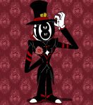 8-ball_the_magician anthro ball billiard_ball black_tie_(suit) bow_tie classy claws clothing crazy_8_animations eyeball flower footwear for_a_head glistening glistening_head gloves handwear hazbin_hotel magician magician_hat magician_robe male object_head pattern_background pie_cut_eyes plant shoes simple_background sinner_demon solo suit