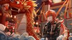  1boy aguaaaaaa aiguillette architecture black_coat black_gloves black_necktie black_shirt brooch chinese_commentary closed_mouth coat collared_shirt confetti crossed_arms diluc_(genshin_impact) dragon dragon_boat_festival east_asian_architecture eastern_dragon epaulettes full_moon genshin_impact gloves hair_between_eyes highres jewelry lantern light_particles light_smile long_hair long_sleeves looking_ahead low_ponytail male_focus model moon necktie open_clothes open_coat outdoors paper_lantern parade people ponytail red_eyes red_hair shirt single_sidelock sky sleeve_cuffs star_(sky) starry_sky upper_body vest white_vest 
