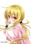  bangs blonde_hair blush casual dango eating eyebrows_visible_through_hair food from_side hair_tie holding holding_food hoshino_kagari kantai_collection leaning_forward long_hair long_sleeves looking_at_viewer looking_to_the_side low_ponytail nail_polish pink_nails pink_shirt sanshoku_dango satsuki_(kantai_collection) shiny shiny_hair shirt sidelocks solo tareme twintails twitter_username upper_body wagashi yellow_eyes 