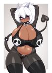 anthro big_breasts bikini breasts brown_body brown_fur camel_toe cleavage clothed clothing collar female fur hair hands_behind_head hi_res horn huge_breasts hybrid legwear looking_aside print_clothing print_swimwear red_eyes simple_background skull_symbol solo spade_tail spiked_collar spikes standing swimwear tail tailzkim thigh_highs tied_hair two-piece_swimsuit white_hair