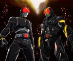  2boys amakawa_mayu antennae armor black_armor black_background commentary glowing glowing_eyes highres kamen_rider kamen_rider_black kamen_rider_black_(series) kamen_rider_black_sun kamen_rider_black_sun_(series) looking_at_viewer male_focus multiple_boys red_eyes rider_belt tokusatsu 
