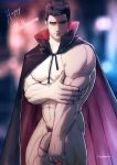  1boy bara cape facial_hair flaccid halloween hydaria male_focus muscle nude penis red_hair smile solo vampire 