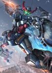  absurdres axe commentary_request embers eye_trail glint glowing glowing_eyes gquuuuuux green_eyes gundam gundam_gquuuuuux heat_hawk highres holding holding_axe holding_weapon light_particles light_trail mecha mecha_focus mobile_suit motion_blur no_humans robot science_fiction signature solo taka-f v-fin weapon 
